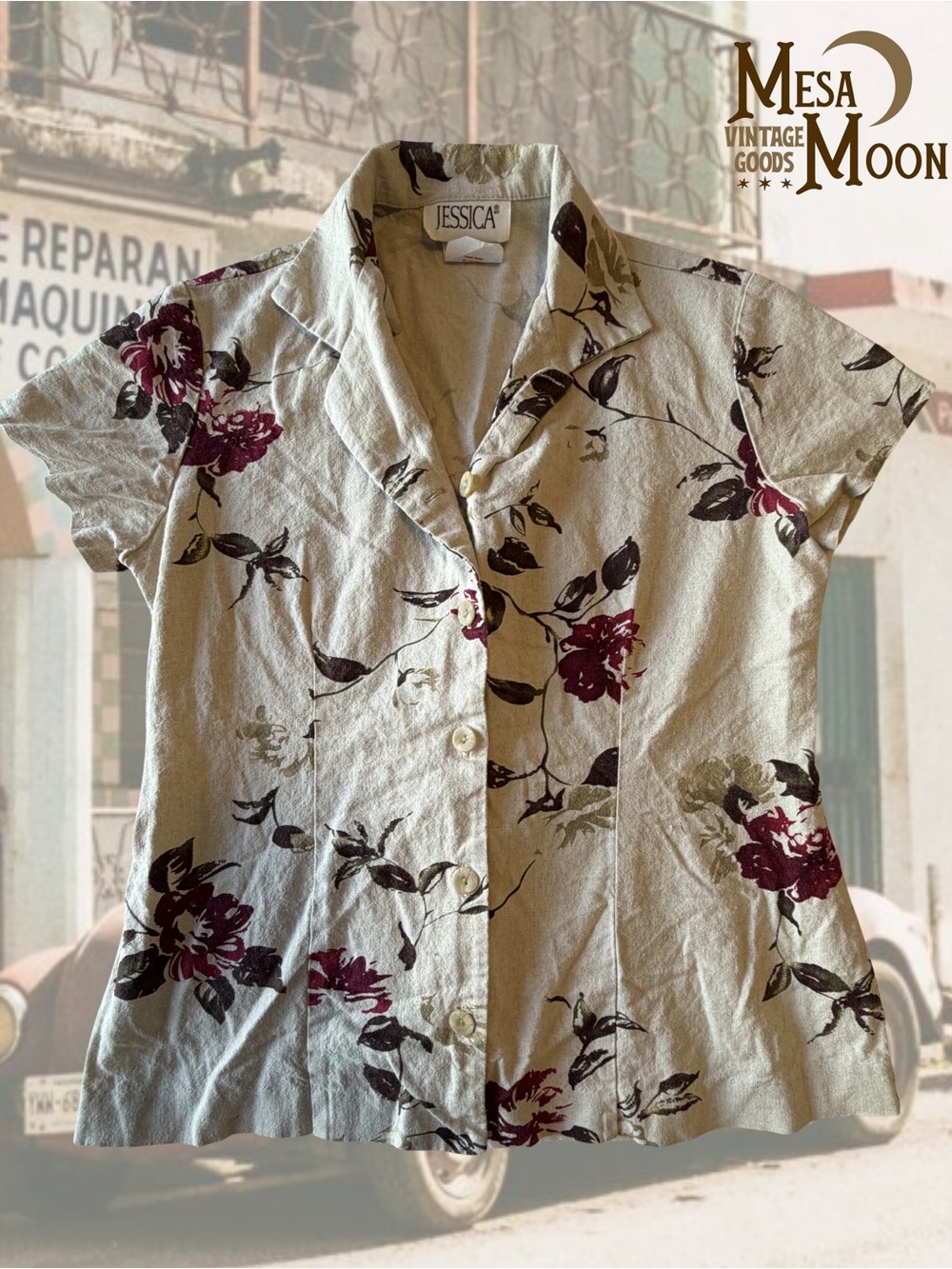 Vintage Jessica Women's Cream Short-Sleeve Floral Button Shirt